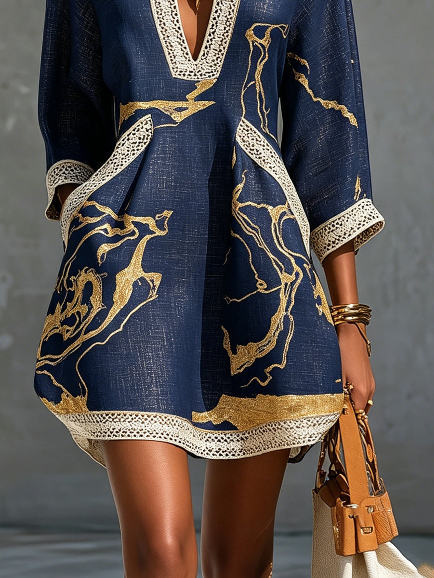 Astrée | Mini Abito Collo a V, Stampa Oro Blu Navy