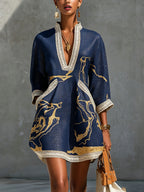Astrée | Mini Abito Collo a V, Stampa Oro Blu Navy