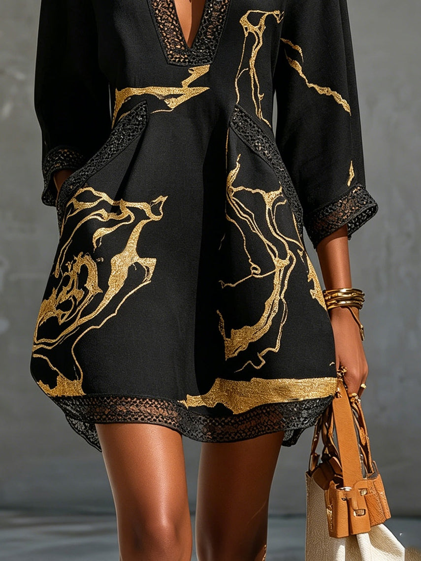Ébène | Mini Abito Collo a V, Stampa Nera e Oro