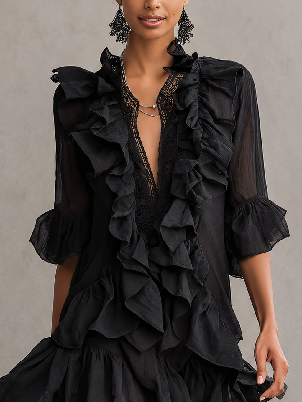 Anaïs | Abito Mini in Mousseline Nera con Volant