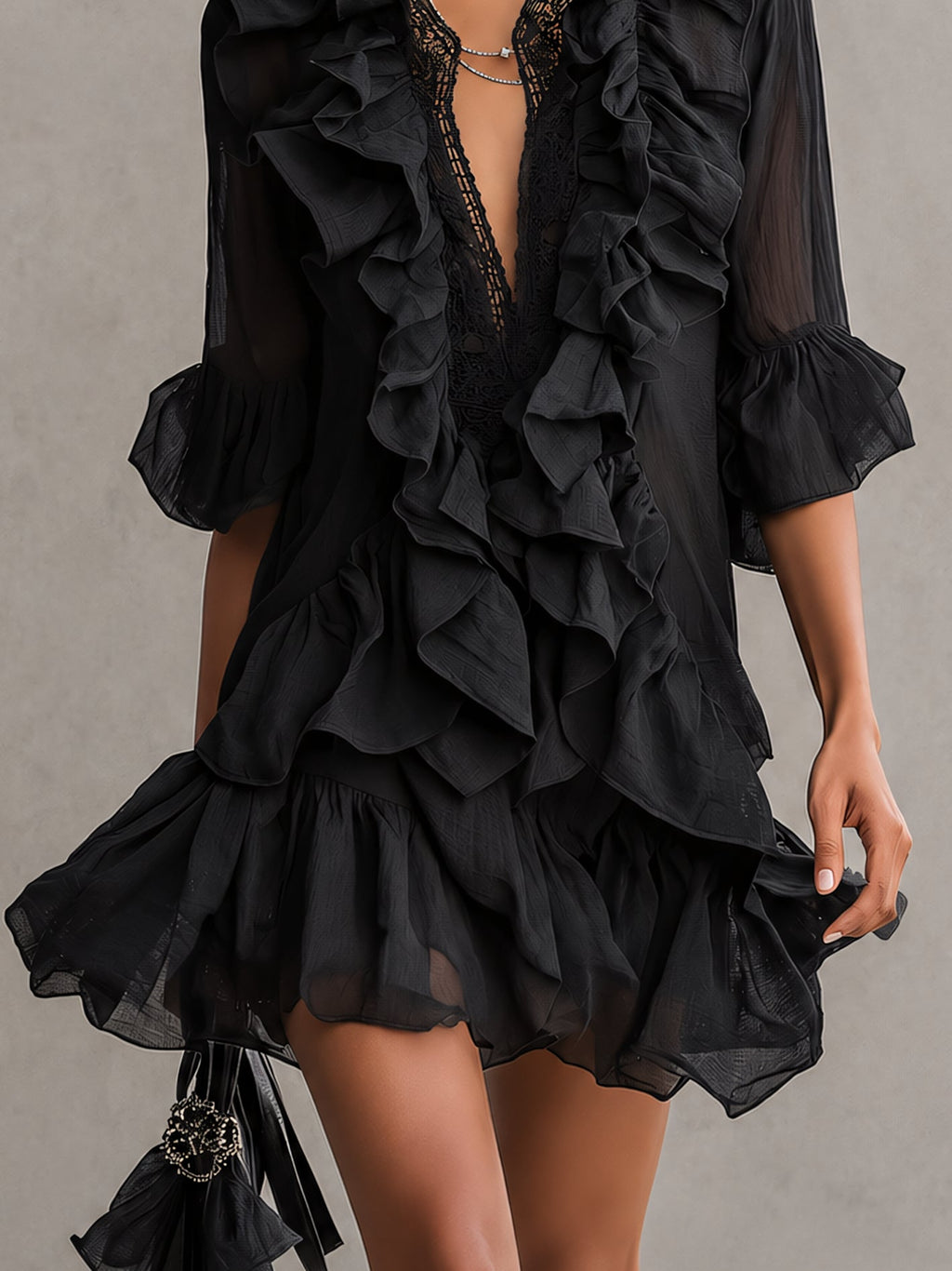 Anaïs | Abito Mini in Mousseline Nera con Volant
