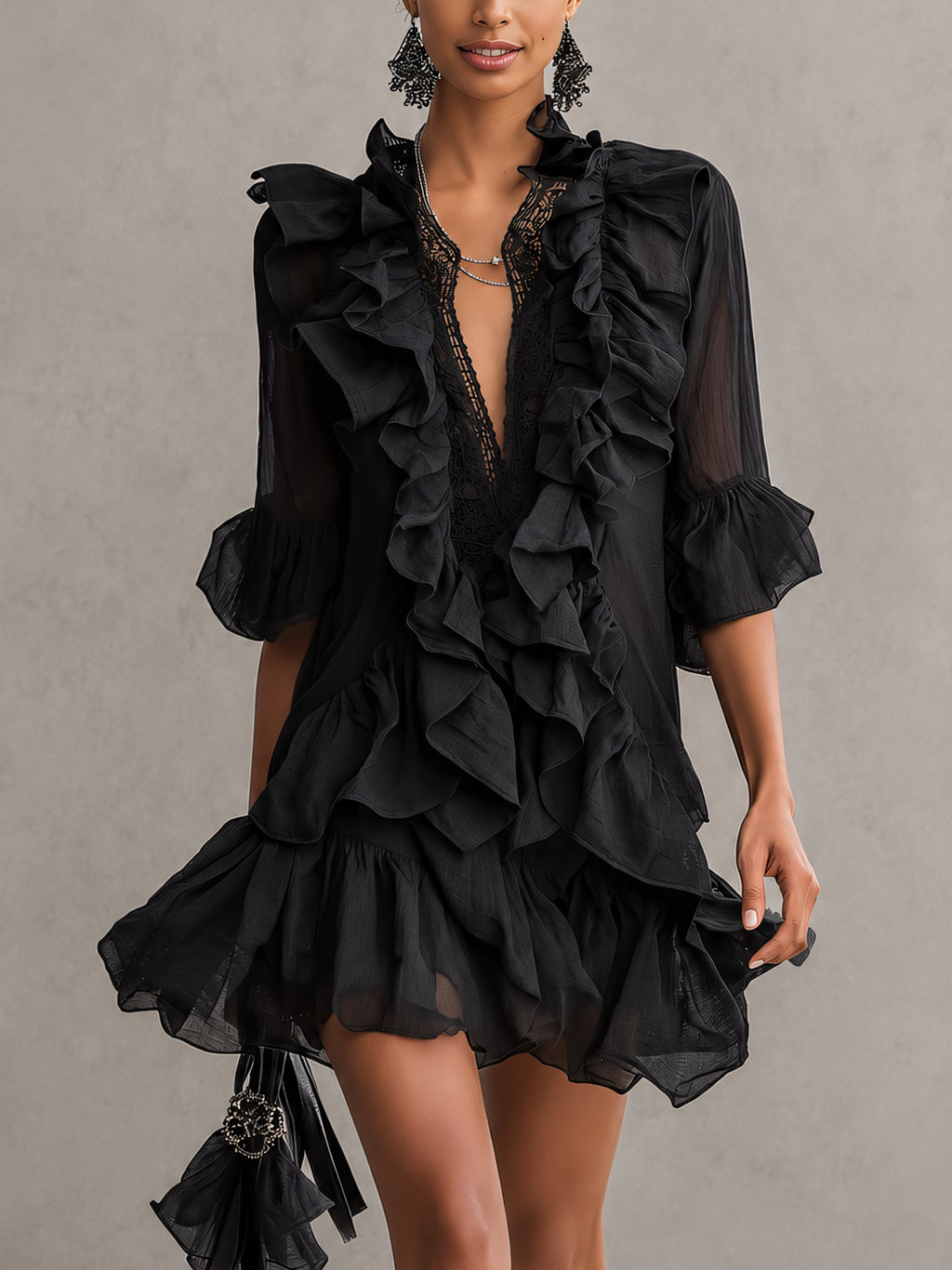 Anaïs | Abito Mini in Mousseline Nera con Volant