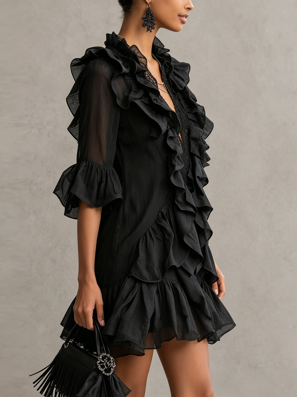 Anaïs | Abito Mini in Mousseline Nera con Volant