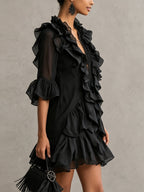 Anaïs | Abito Mini in Mousseline Nera con Volant