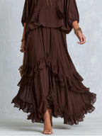 Ondine | Top in Chiffon Marrone con Frange e Gonna a Volant