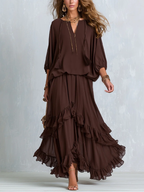 Ondine | Top in Chiffon Marrone con Frange e Gonna a Volant