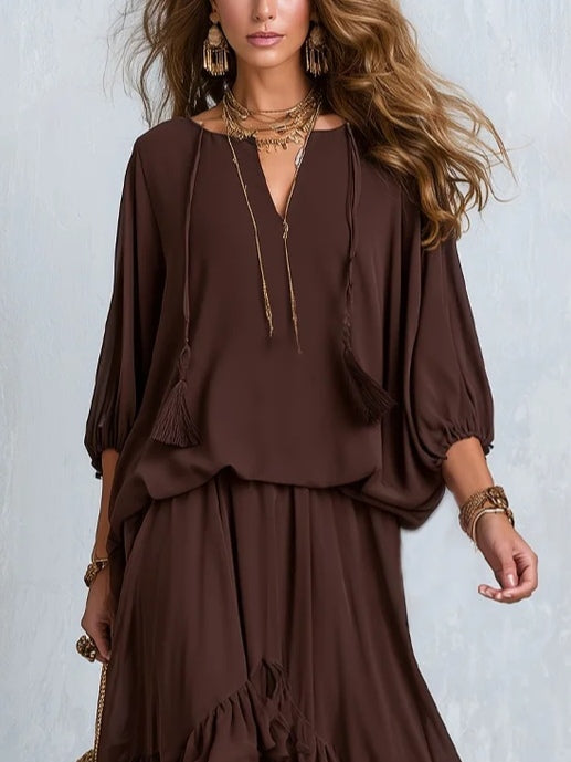 Ondine | Top in Chiffon Marrone con Frange e Gonna a Volant