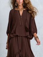 Ondine | Top in Chiffon Marrone con Frange e Gonna a Volant