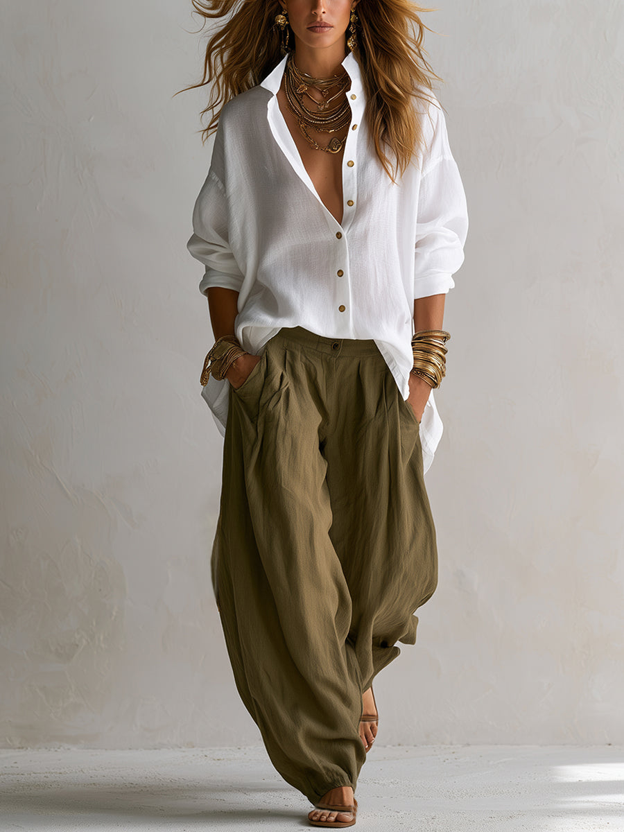 Capucine | Camicia Bianca Ampia e Pantalone Lantern Verde Oliva
