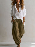 Capucine | Camicia Bianca Ampia e Pantalone Lantern Verde Oliva