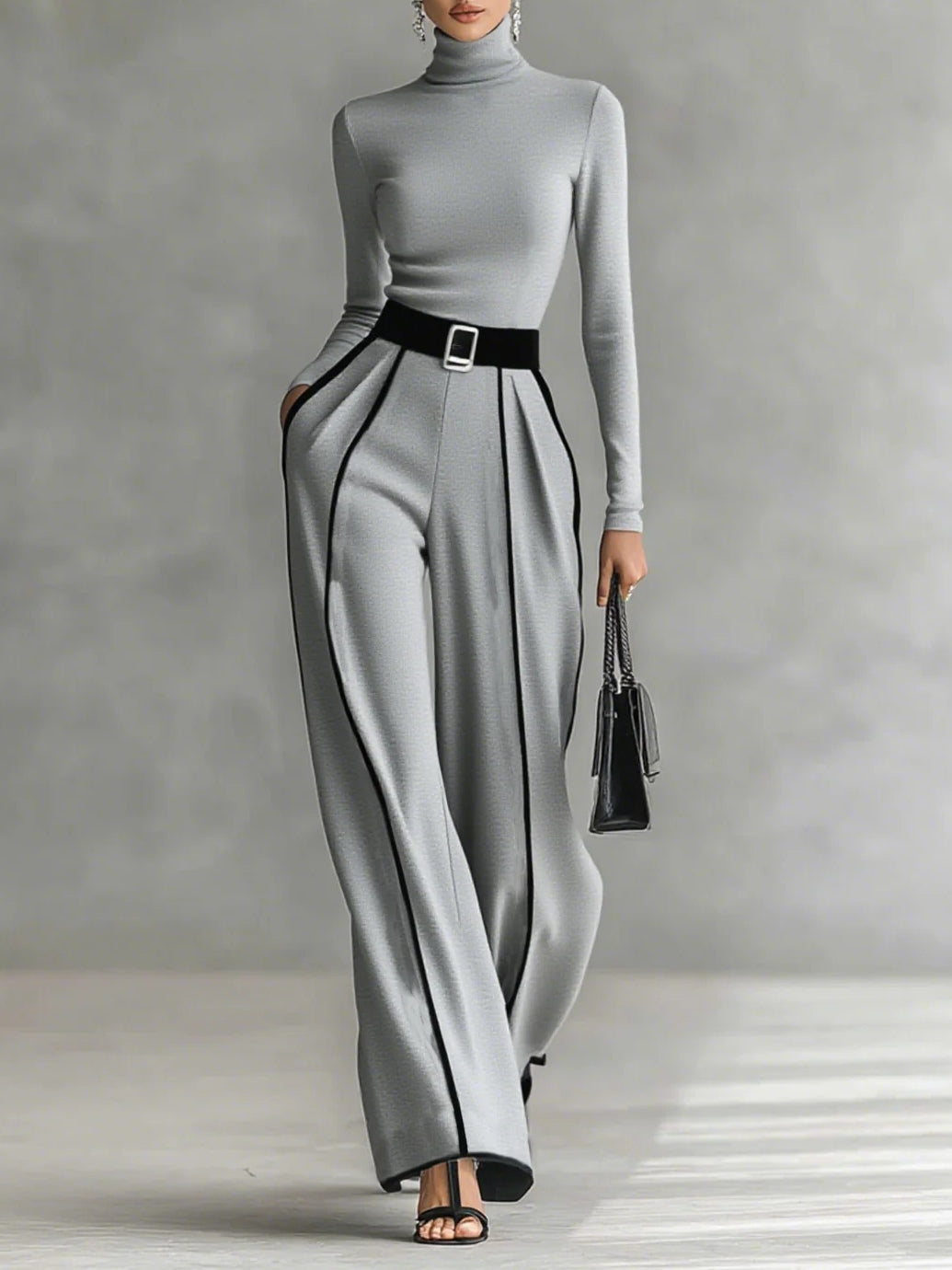 Adèle | Completo con Collo Alto e Bordo Bianco e Pantaloni Larghi