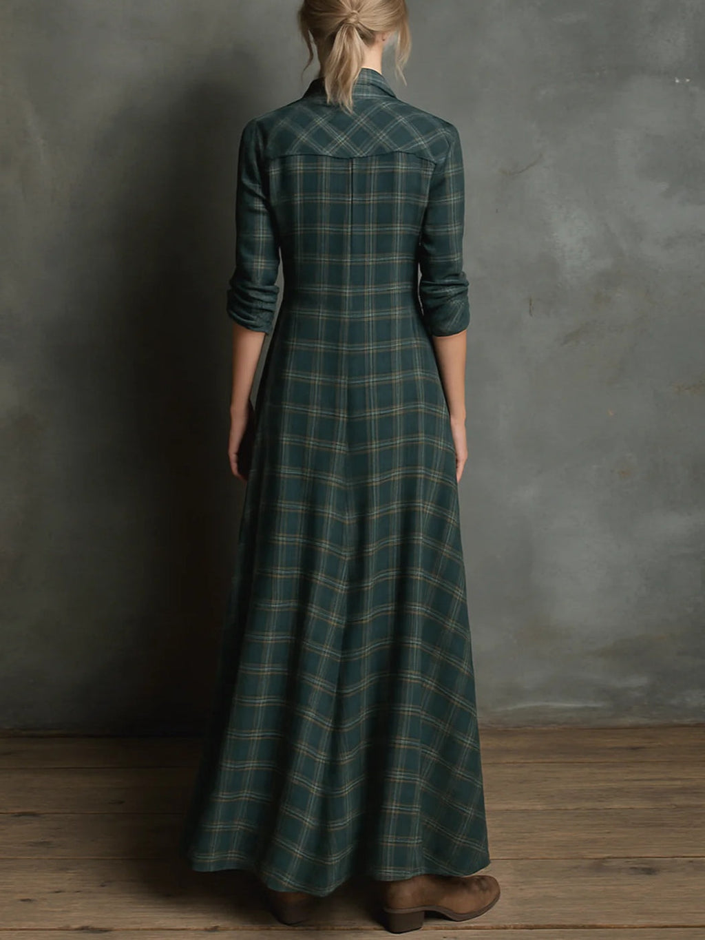 Margaux | Abito Camicia Lungo a Collo Vichy Verde