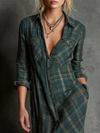 Margaux | Abito Camicia Lungo a Collo Vichy Verde