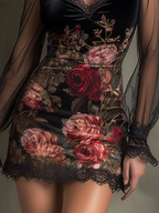 Églantine | Mini Abito in Tulle, Stampa Rose e Pizzo