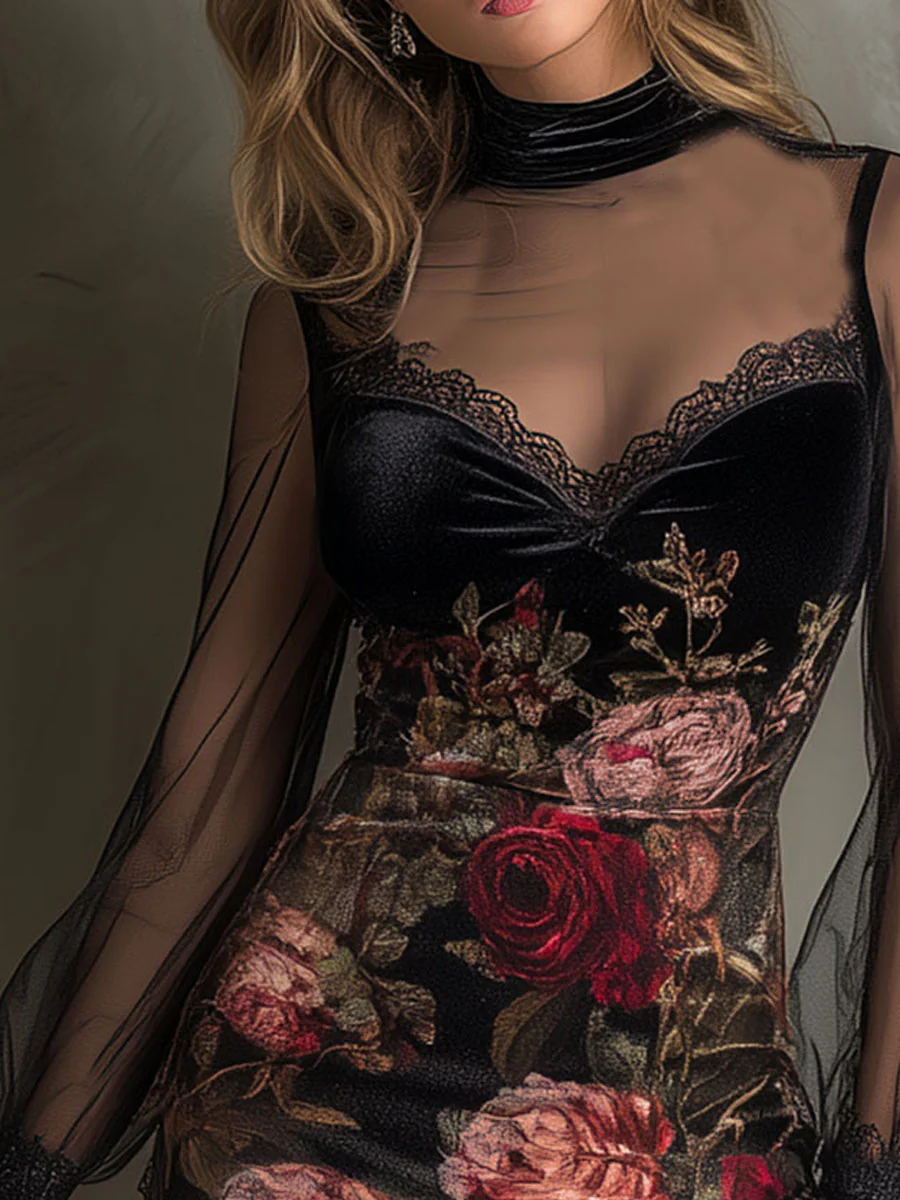 Églantine | Mini Abito in Tulle, Stampa Rose e Pizzo