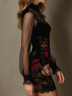 Églantine | Mini Abito in Tulle, Stampa Rose e Pizzo