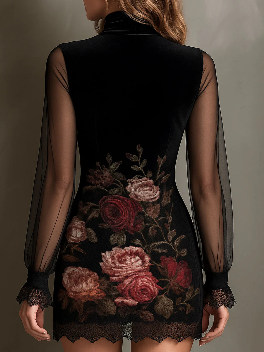 Églantine | Mini Abito in Tulle, Stampa Rose e Pizzo