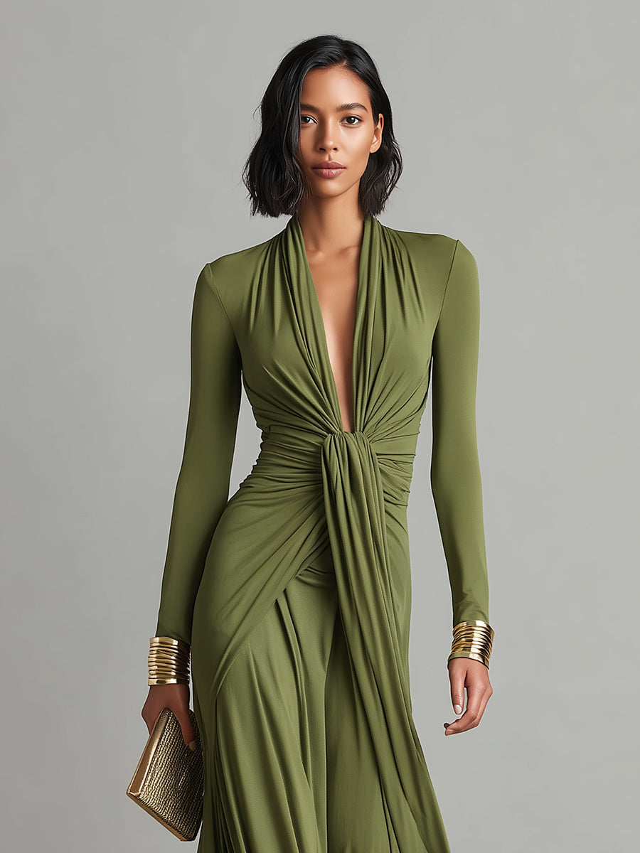 Abito Maxi in Seta Verde Oliva con Scollatura a V