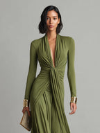 Abito Maxi in Seta Verde Oliva con Scollatura a V