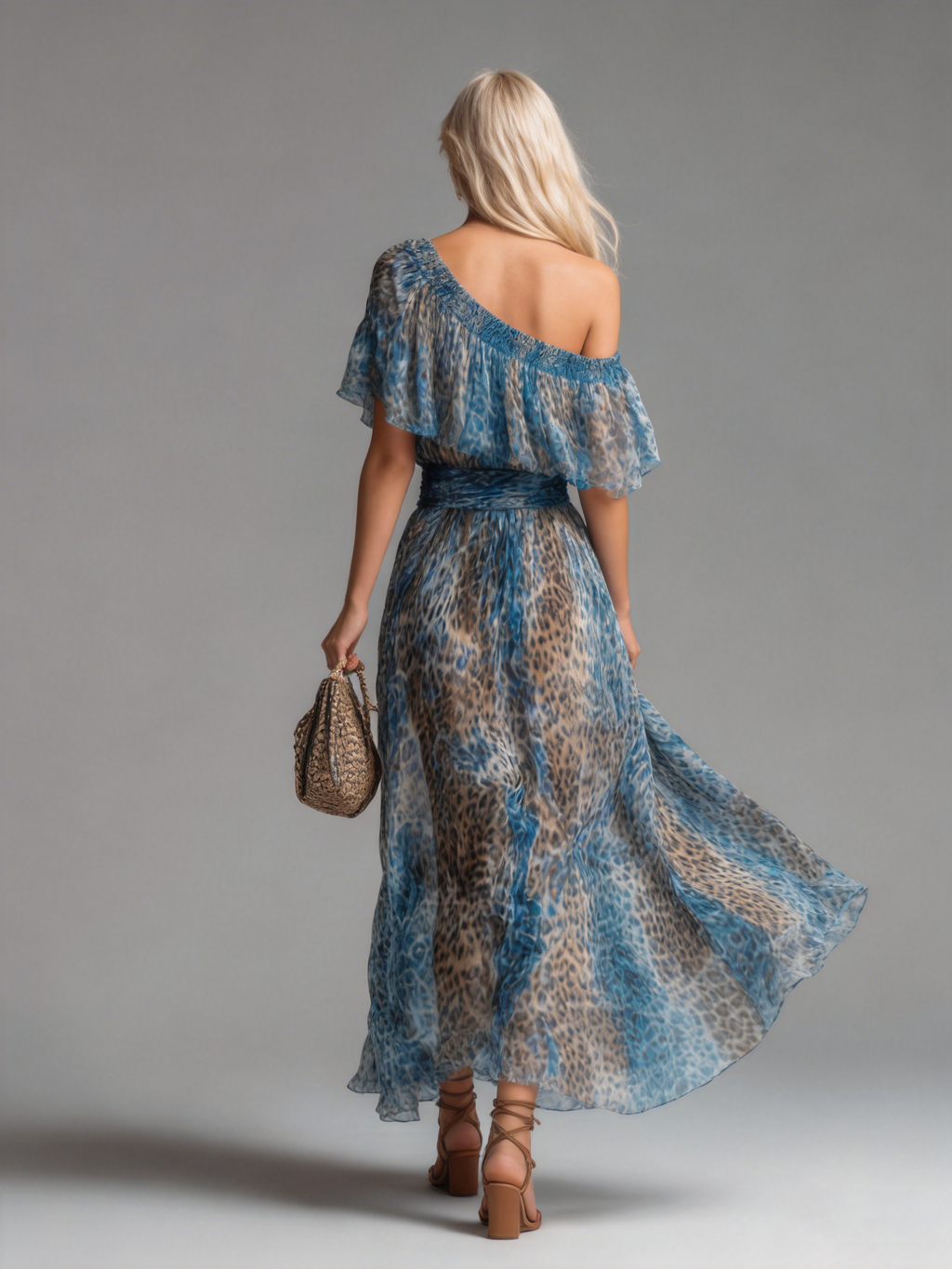 Sauvage | Abito lungo in mousseline con stampa leopardata e spalle scoperte