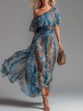 Sauvage | Abito lungo in mousseline con stampa leopardata e spalle scoperte