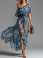 Sauvage | Abito lungo in mousseline con stampa leopardata e spalle scoperte
