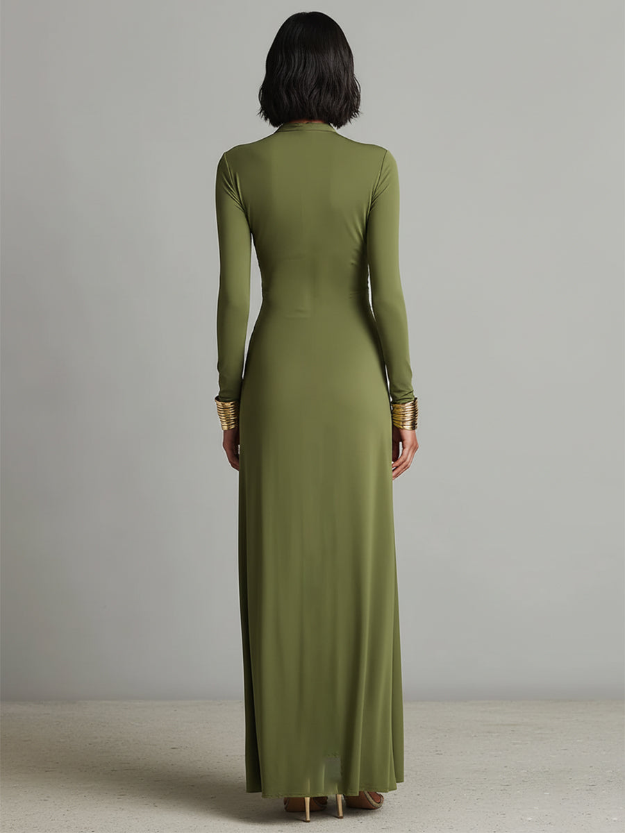 Abito Maxi in Seta Verde Oliva con Scollatura a V