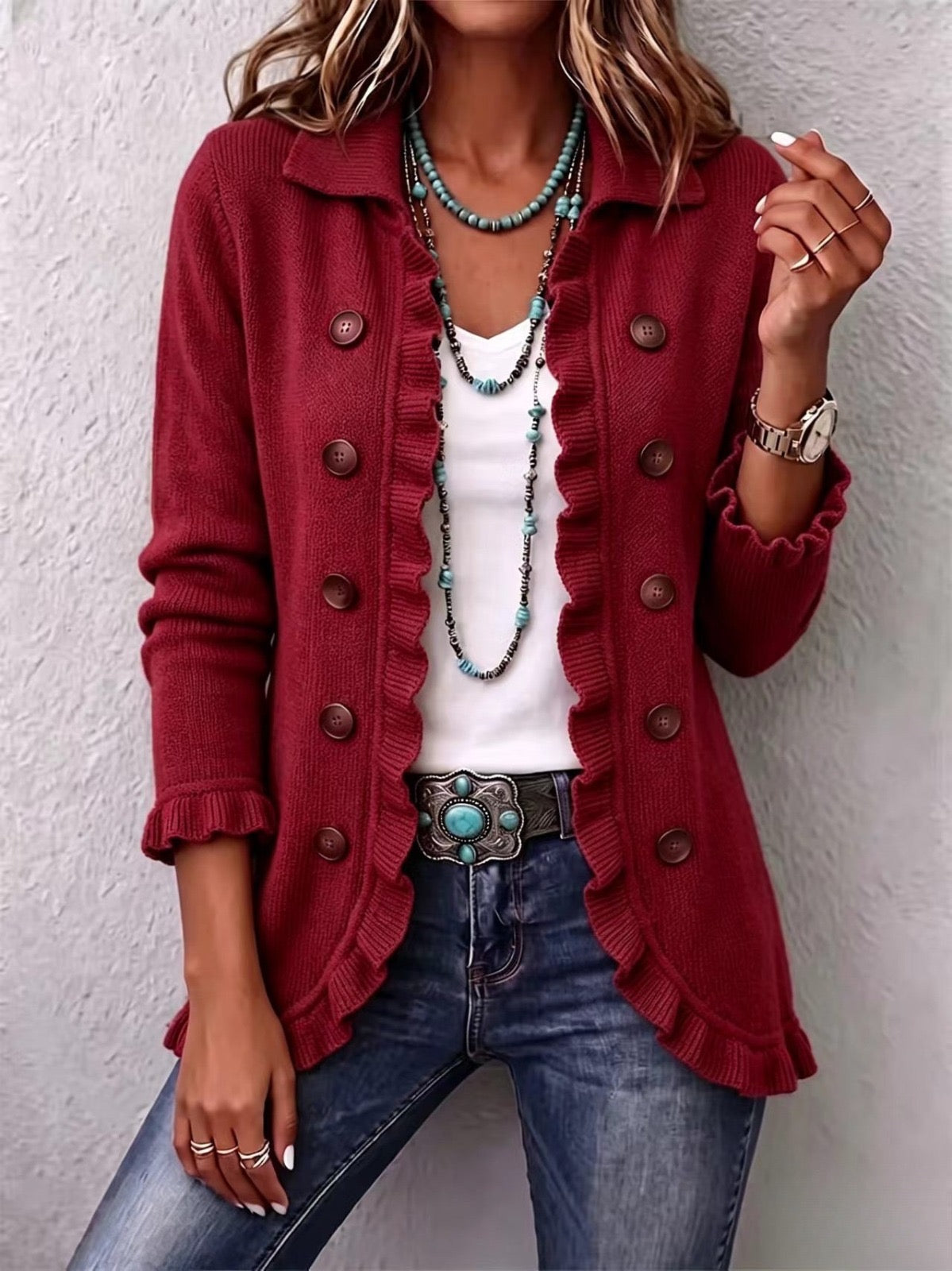 Marthe | Giacca in Maglia Rossa Rubino a Volant