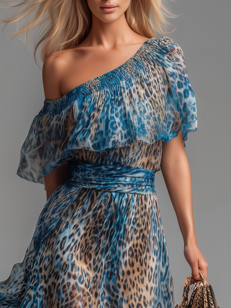 Sauvage | Abito lungo in mousseline con stampa leopardata e spalle scoperte