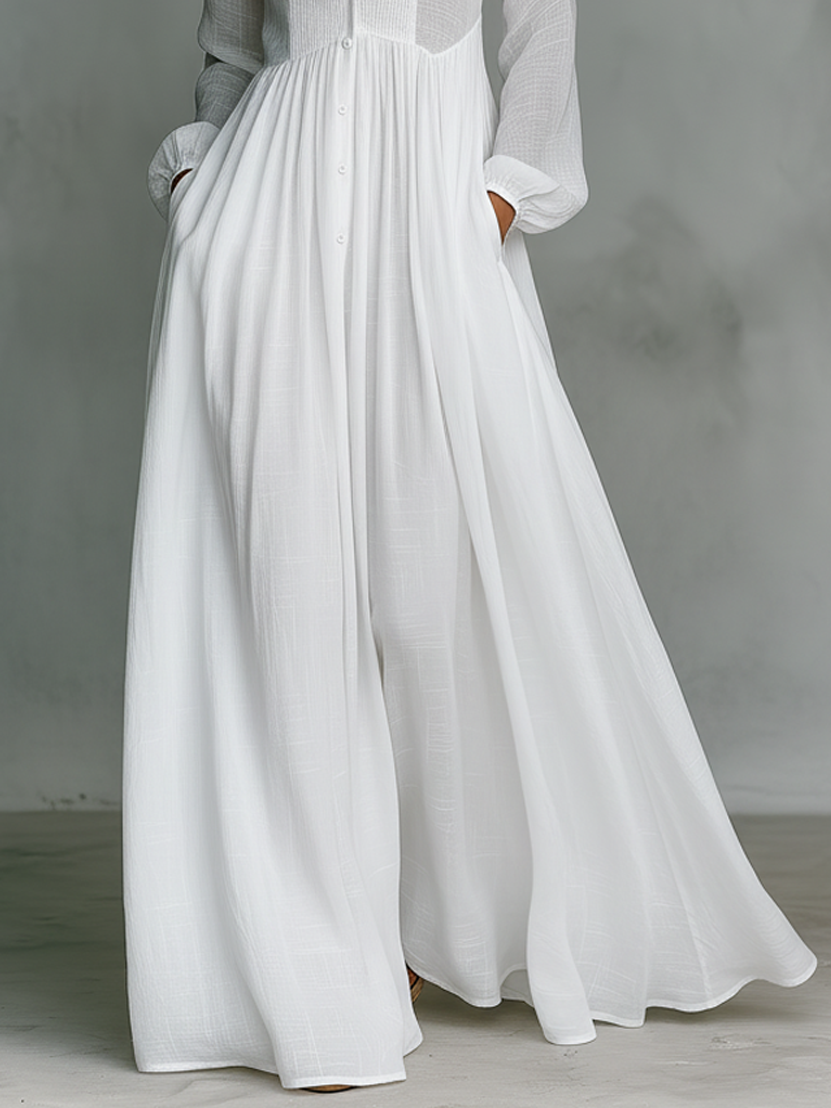 Abito Maxi in Lino Patchwork con Collo Alto