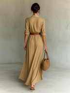 Audrey | Abito Maxi Cinturato con Maniche Lunghe