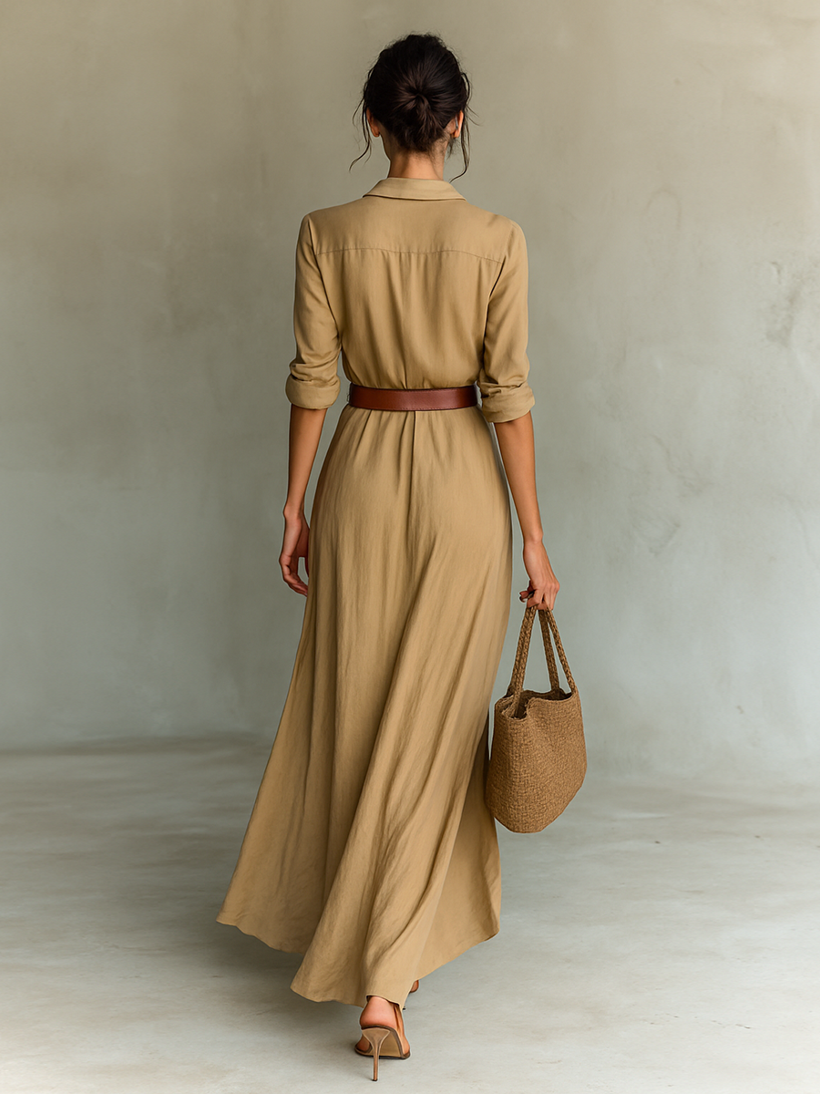 Maxi abito con colletto a revers e maniche lunghe
