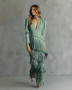 Claire™ | Abito midi elegante con maniche frangiate