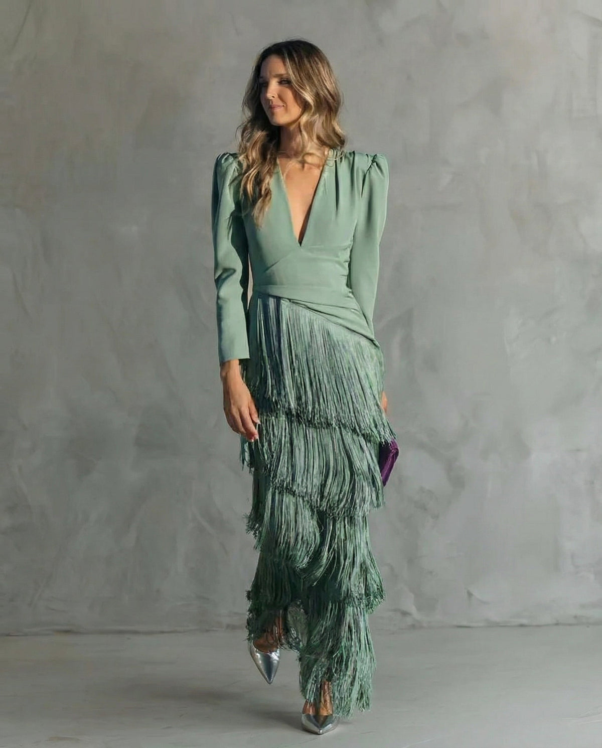 Claire™ | Abito midi elegante con maniche frangiate