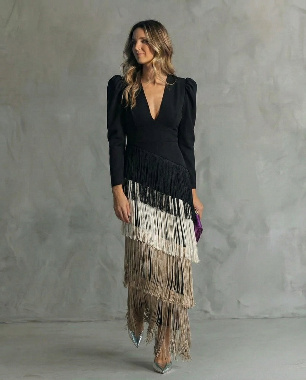 Claire™ | Abito midi elegante con maniche frangiate