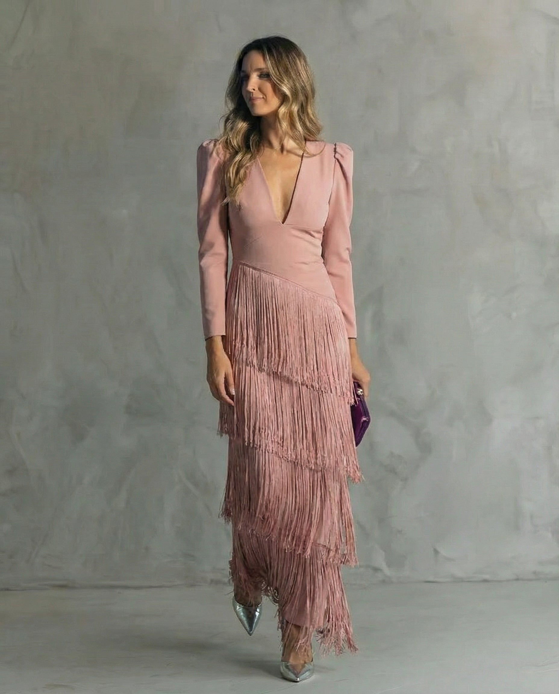 Claire™ | Abito midi elegante con maniche frangiate