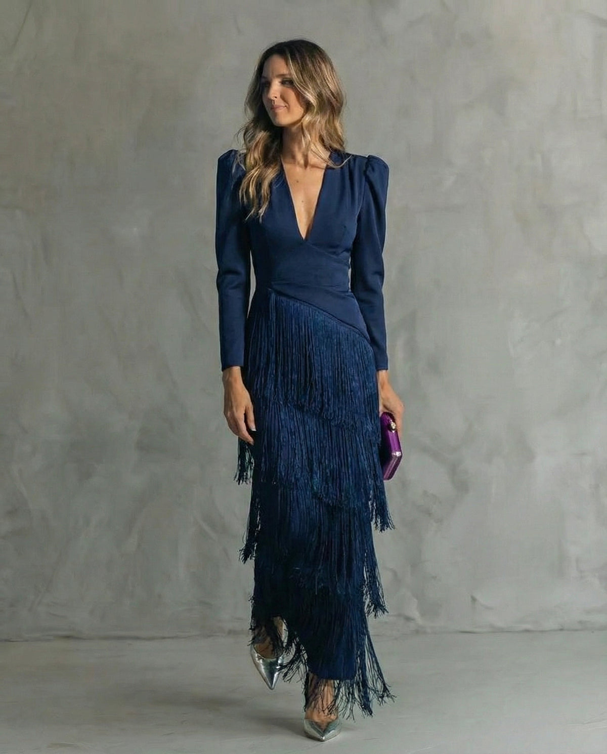 Claire™ | Abito midi elegante con maniche frangiate