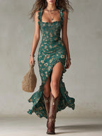 Zara | Abito maxi bohemien arricciato con stampa floreale e spacco laterale