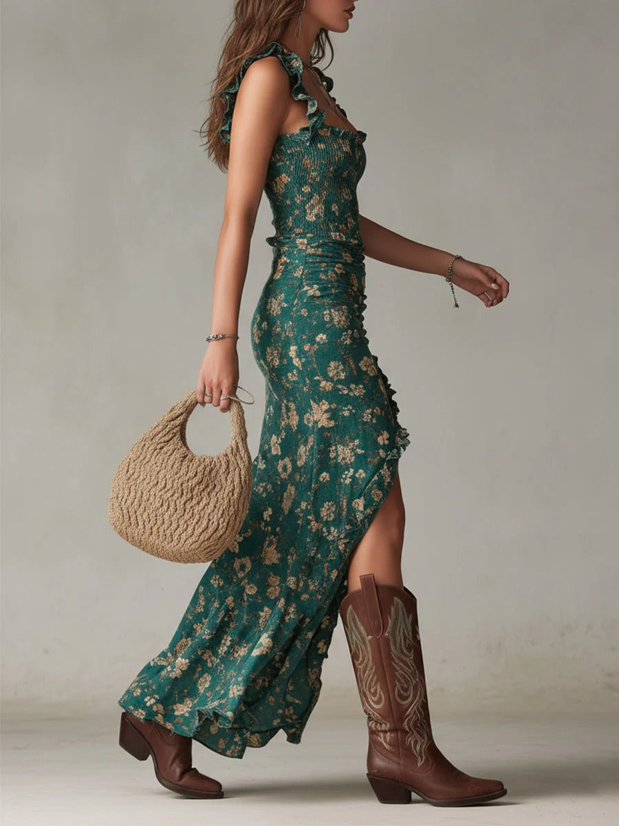 Zara | Abito maxi bohemien arricciato con stampa floreale e spacco laterale