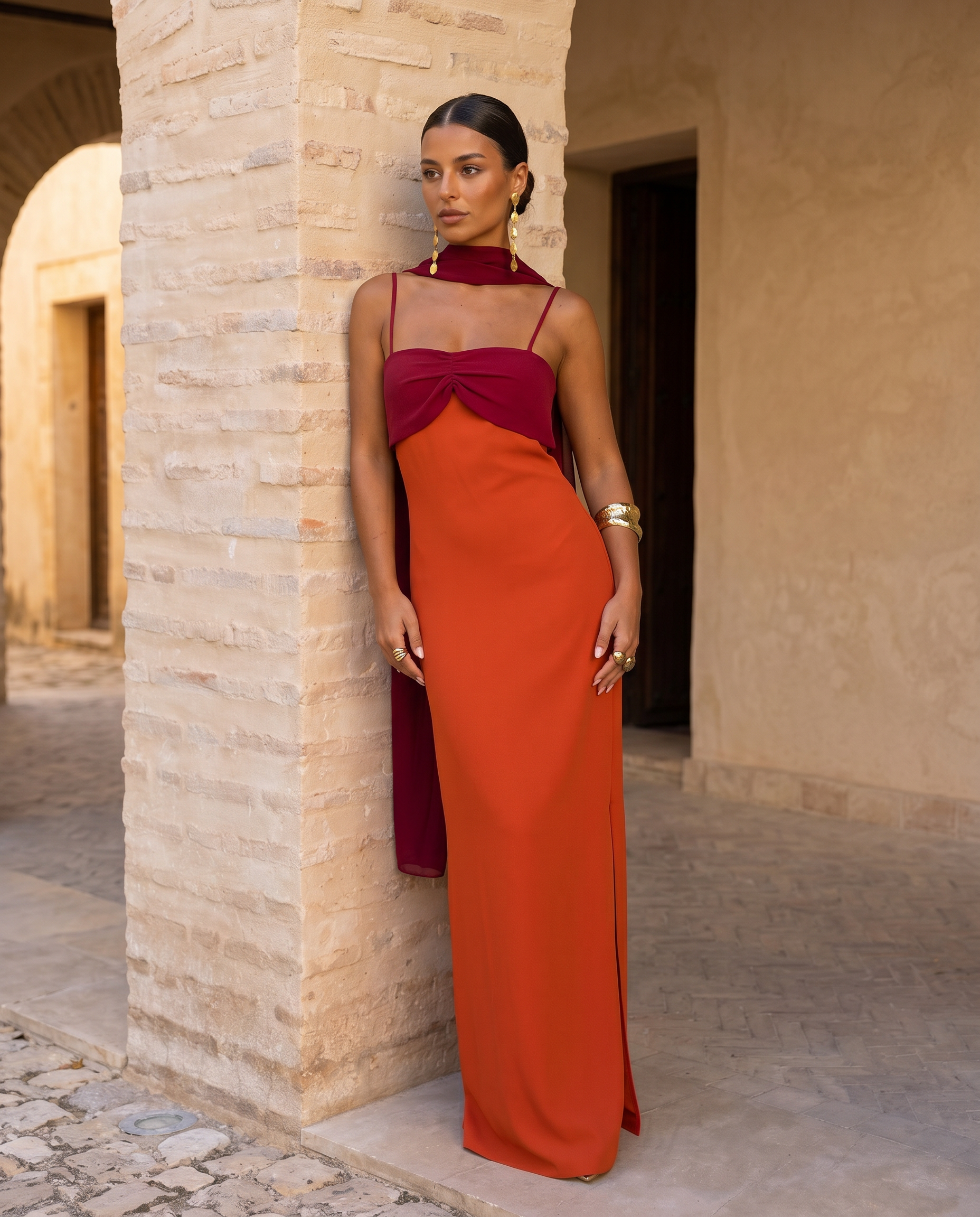 Aline | Abito arancione con scollatura rossa
