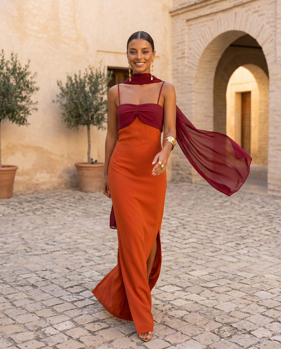 Aline | Abito arancione con scollatura rossa