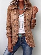 Noémie | Giacca Bohemien Floreale Vintage Marrone con Volant