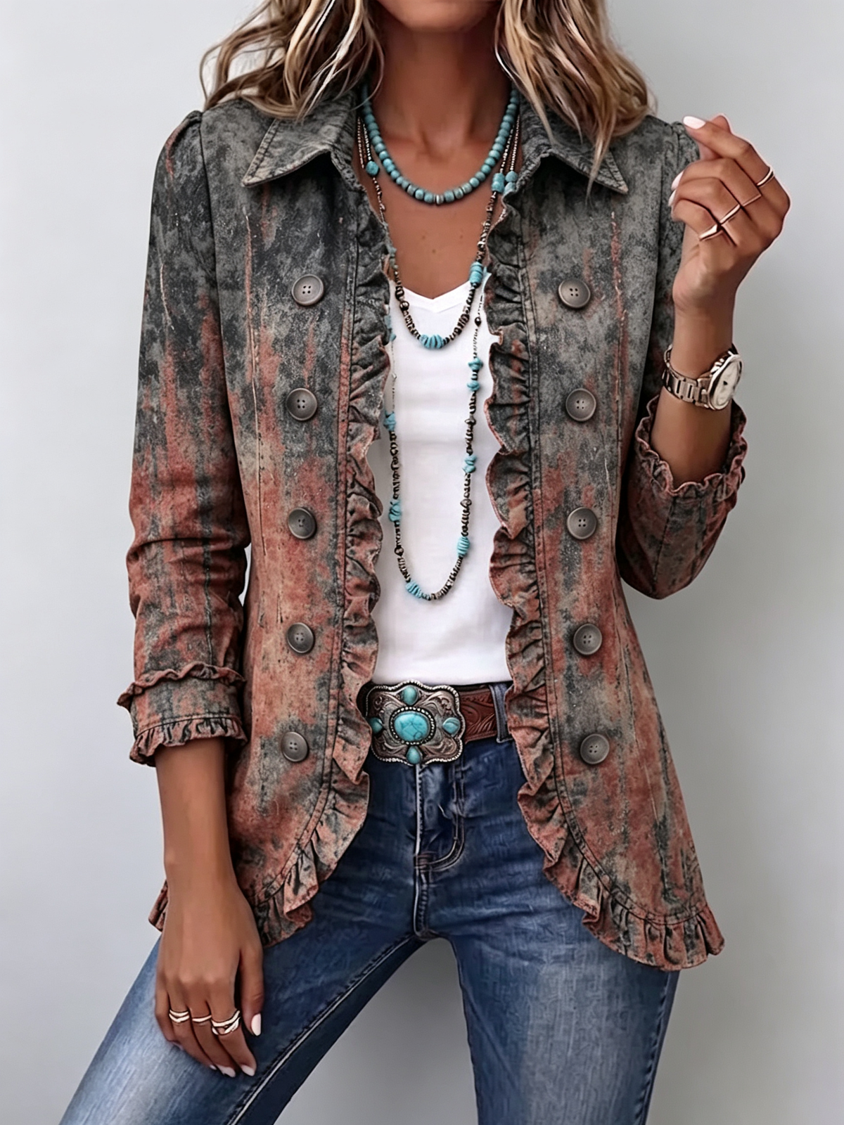 Flavie | Giacca Vintage Sfumata Testurizzata con Volant
