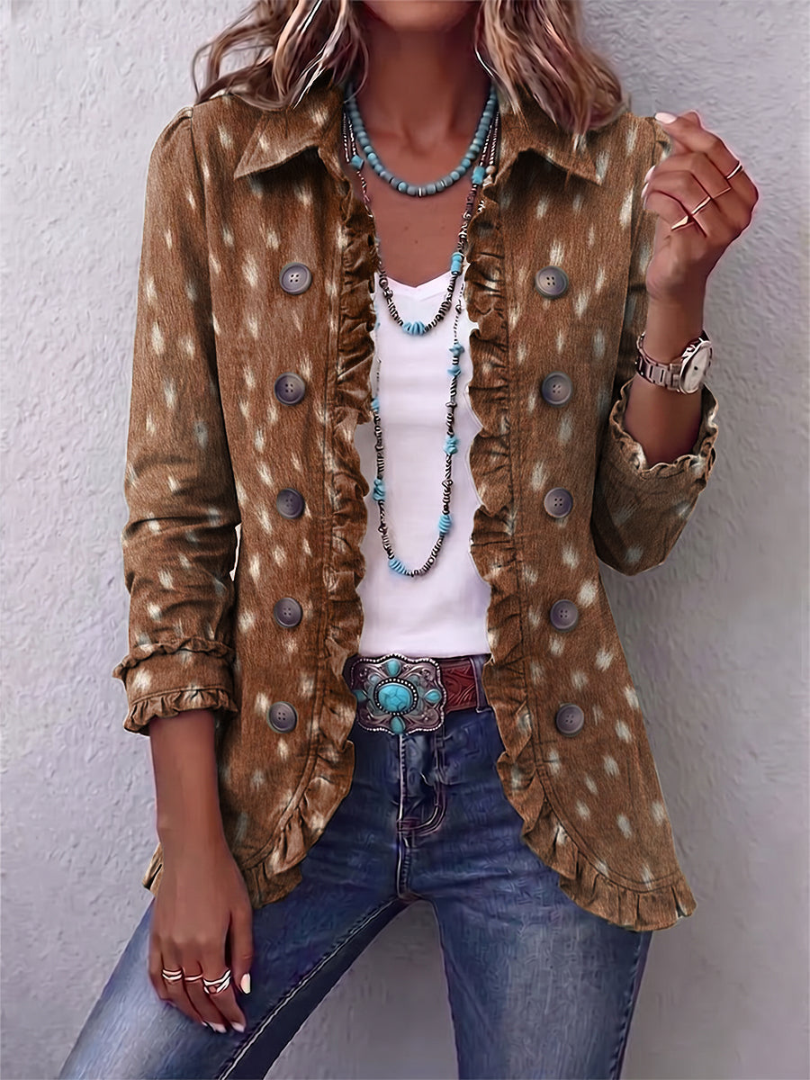 Hélène | Giacca Bohemien Stampa Animale Marrone con Volant