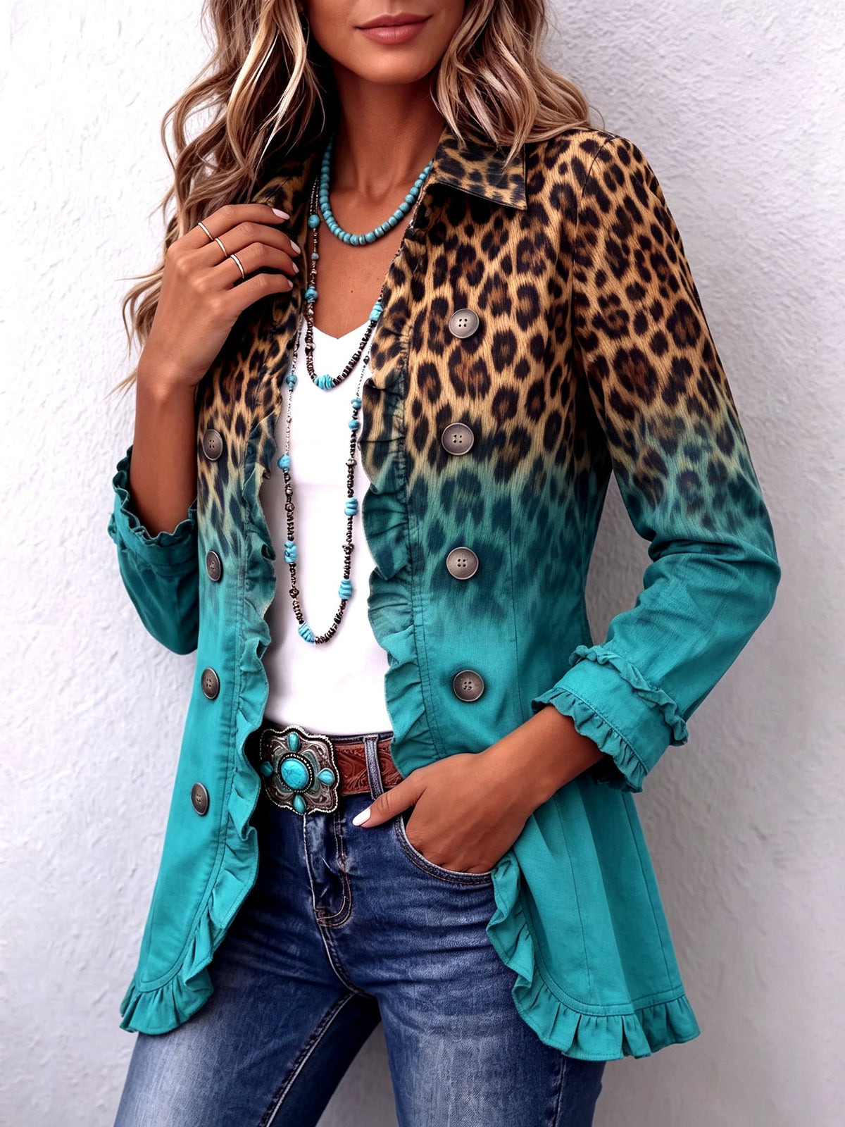 Béatrice | Blazer Leopardo Sfumato Turchese con Volant