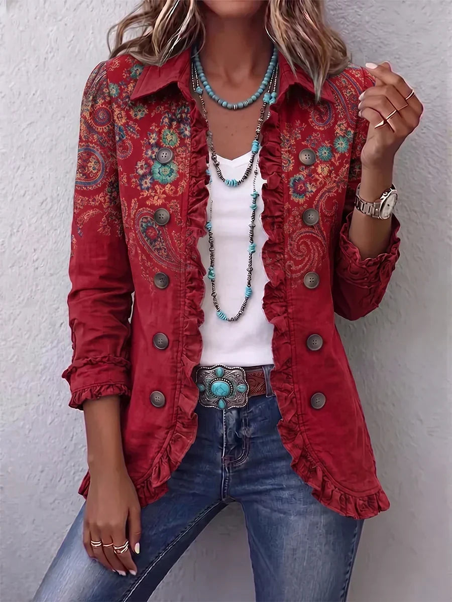 Charlotte | Giacca Bohémien Paisley Rossa con Volant