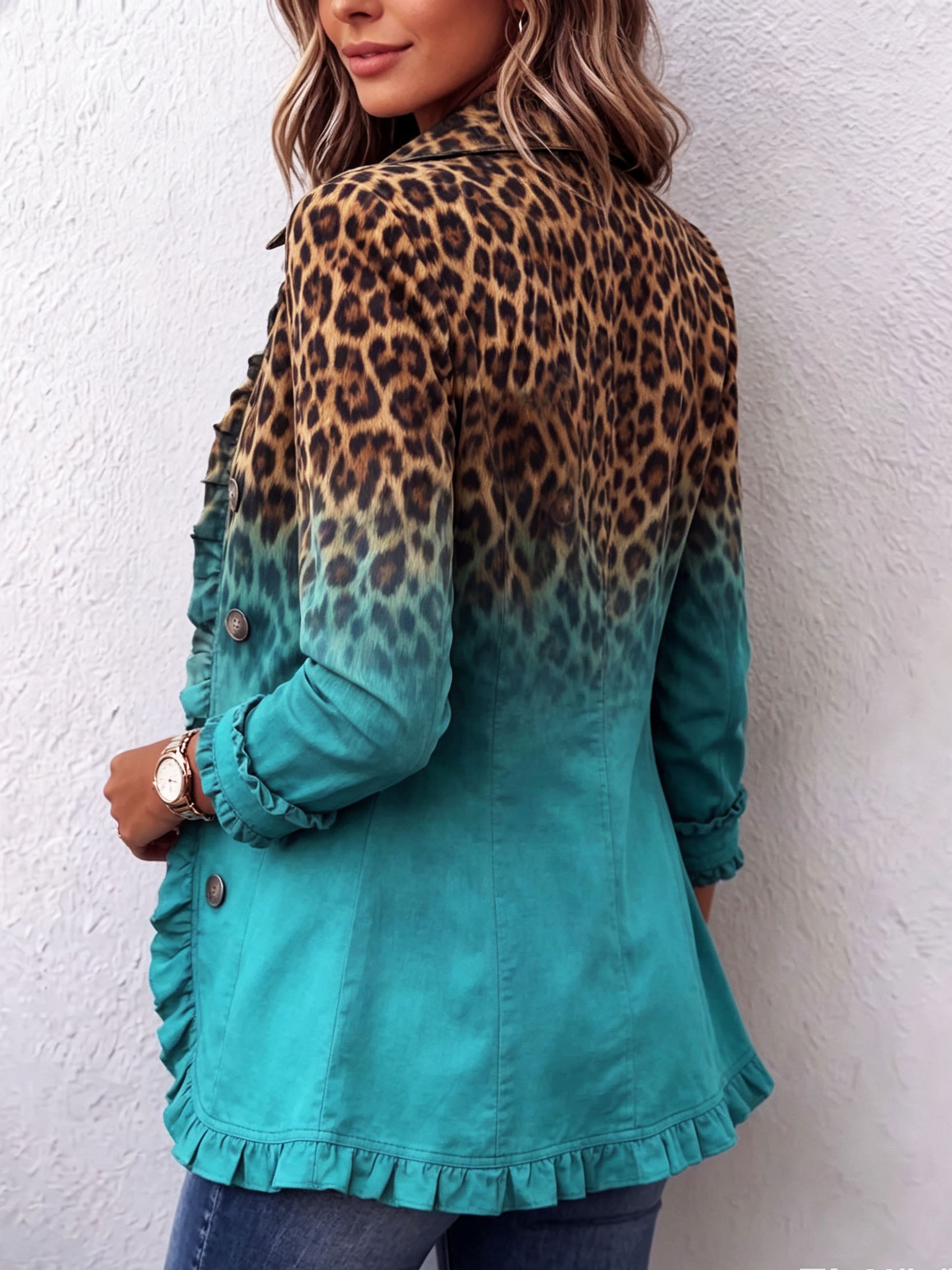 Béatrice | Blazer Leopardo Sfumato Turchese con Volant