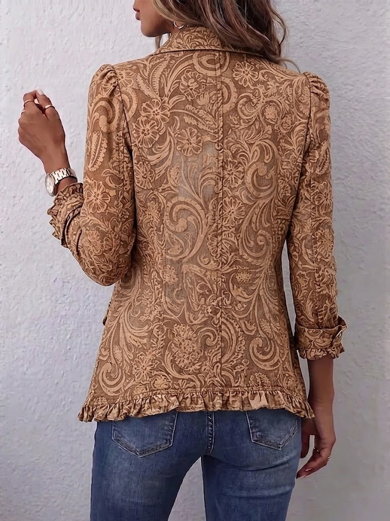 Noémie | Giacca Bohemien Floreale Vintage Marrone con Volant