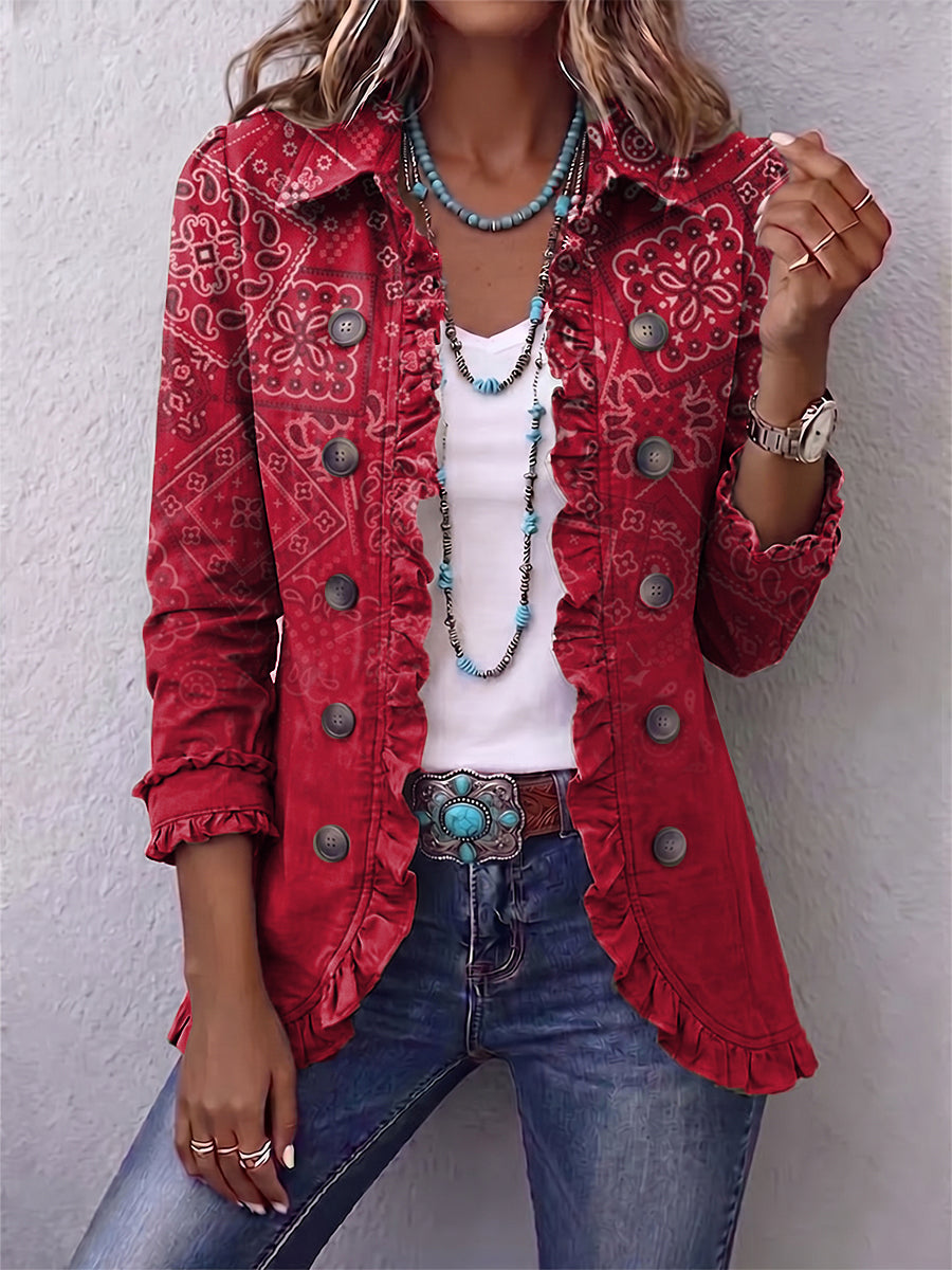 Gaëlle | Giacca Bohemien Paisley Sfumata Rossa con Volant