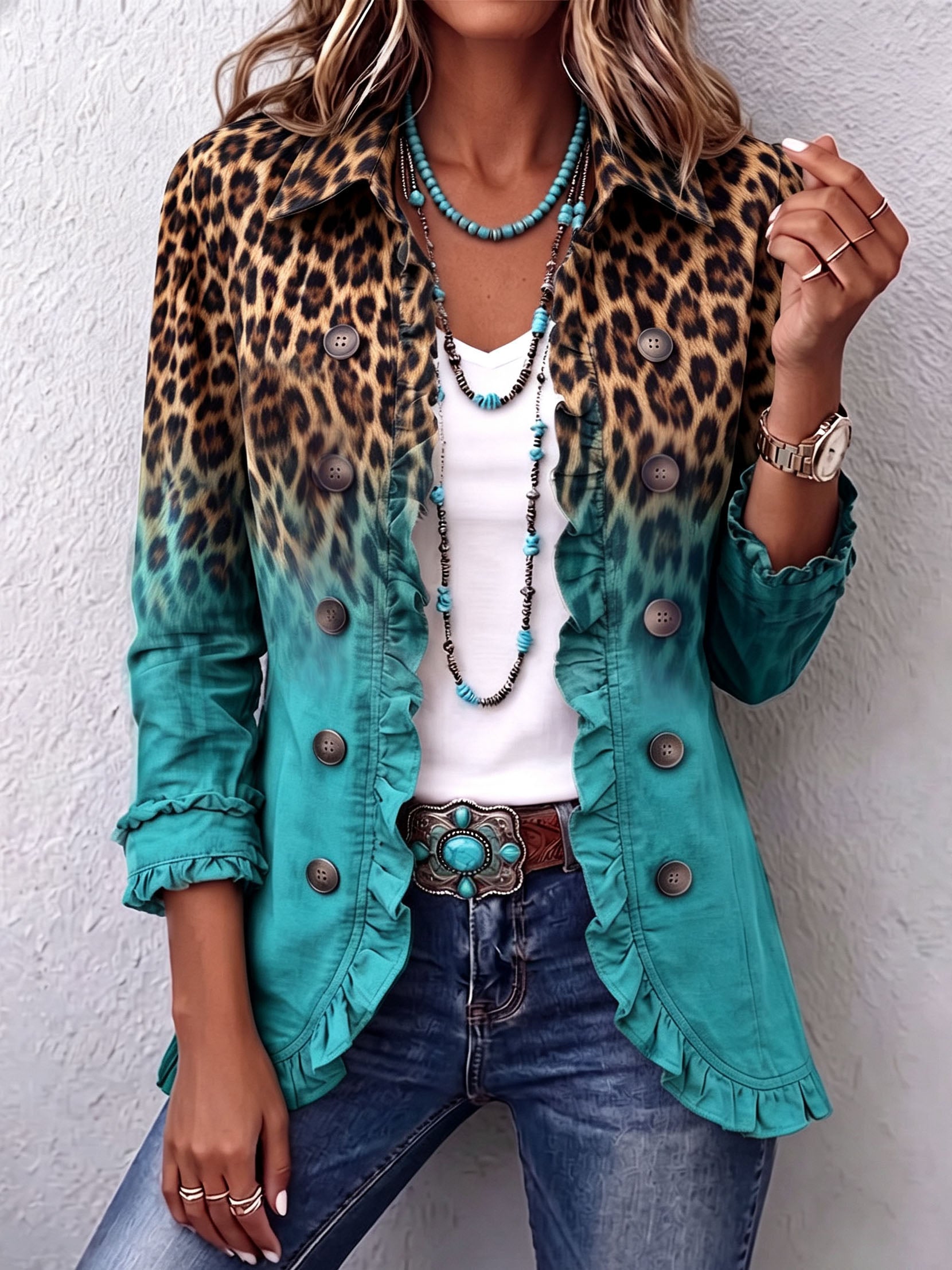 Béatrice | Blazer Leopardo Sfumato Turchese con Volant